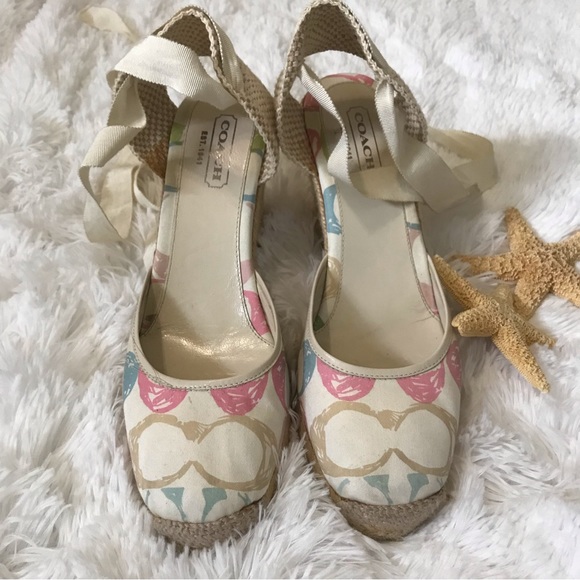 Coach Logo "Mindy"  Espadrille Wedges with Ankle Ties Size 9 - Picture 2 of 13